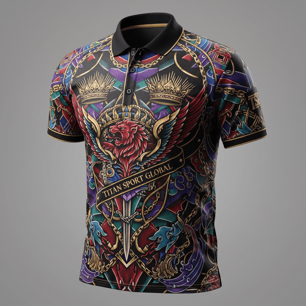 Black polo shirt with colorful, ornate graphic print featuring a winged lion, crowns, and sword.