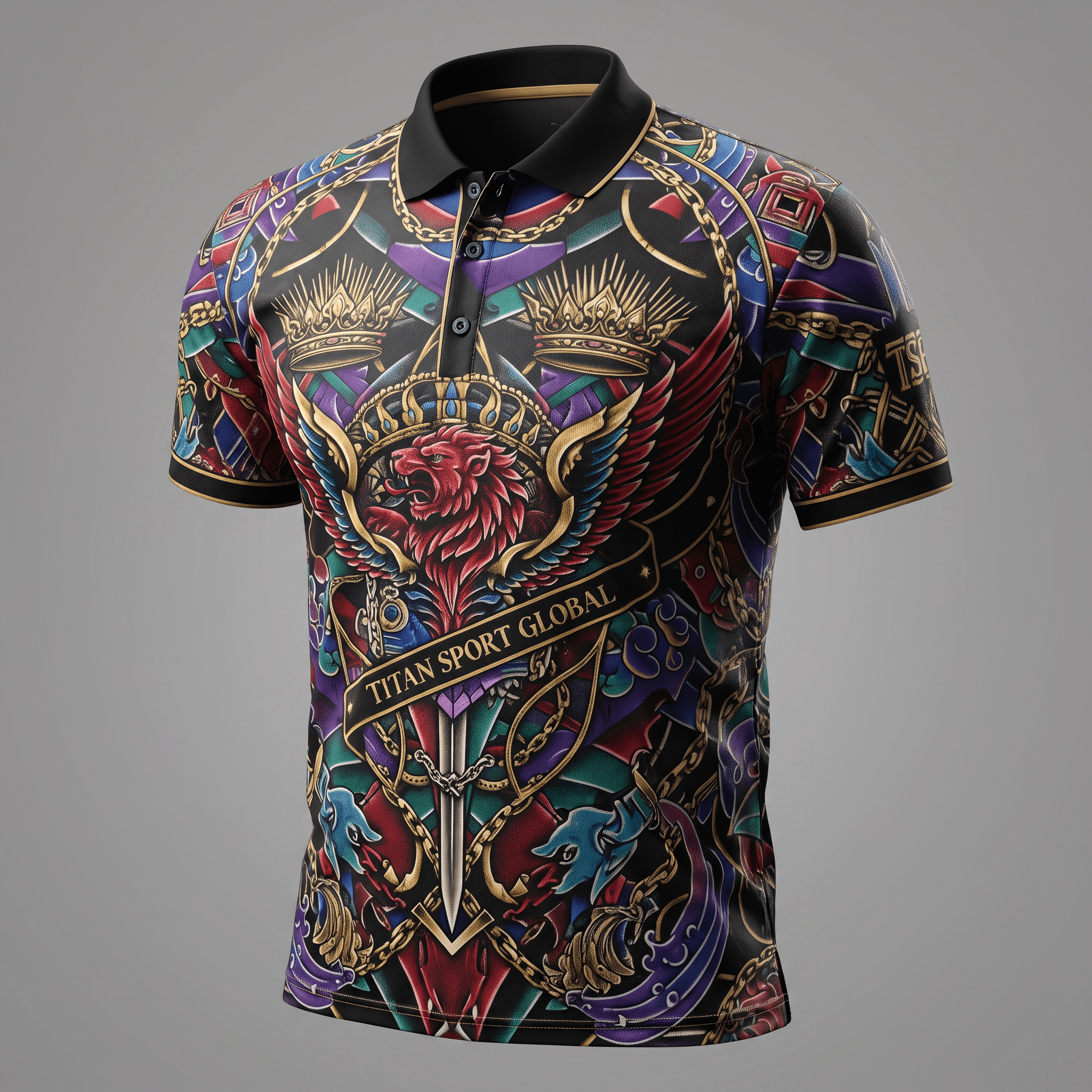 Black polo shirt featuring colorful graphic print with winged lion, crowns, chains, and Titan Sport Global text.