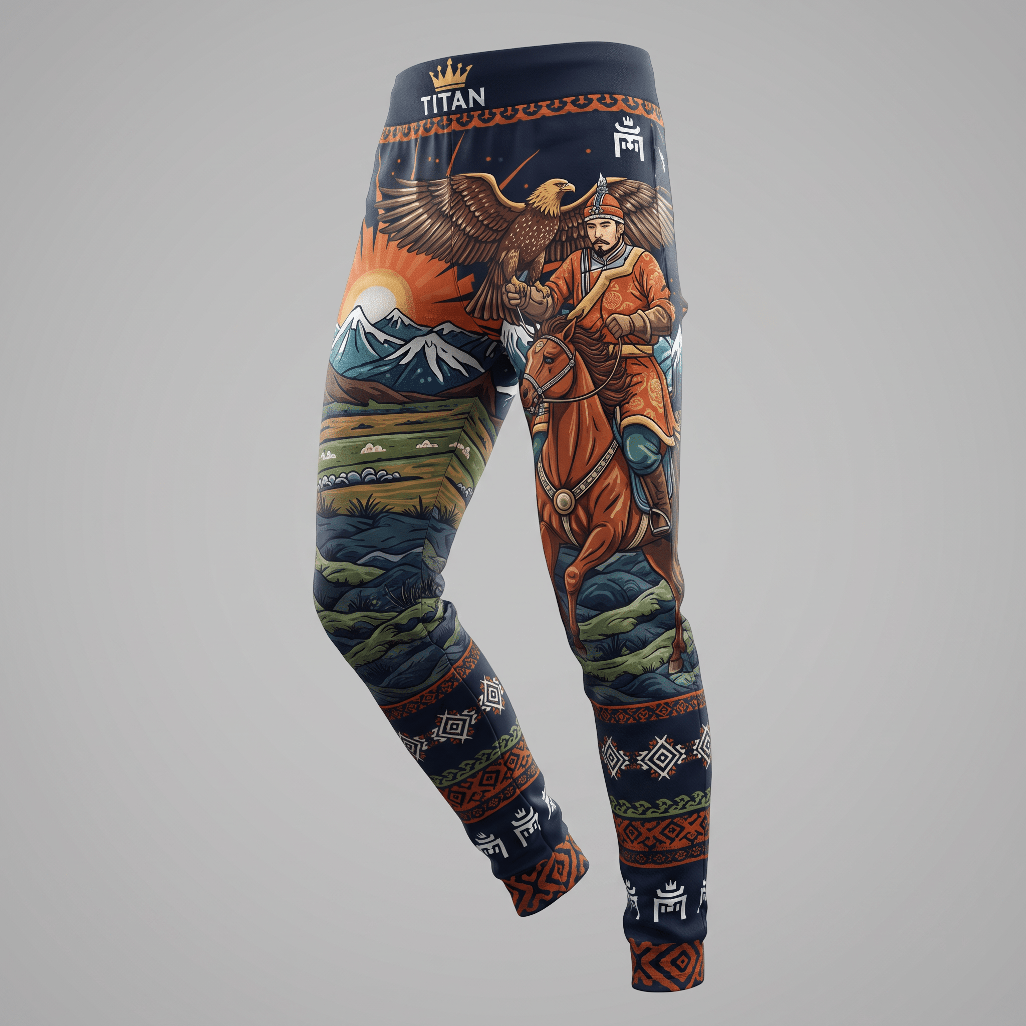 Dark blue athletic leggings featuring a warrior on horseback, eagle, and mountain landscape print.