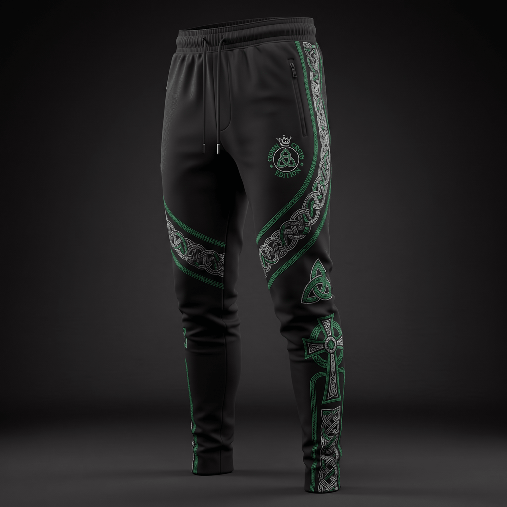 Black athletic sweatpants with green and white Celtic knotwork, cross patterns, and drawstring waist.