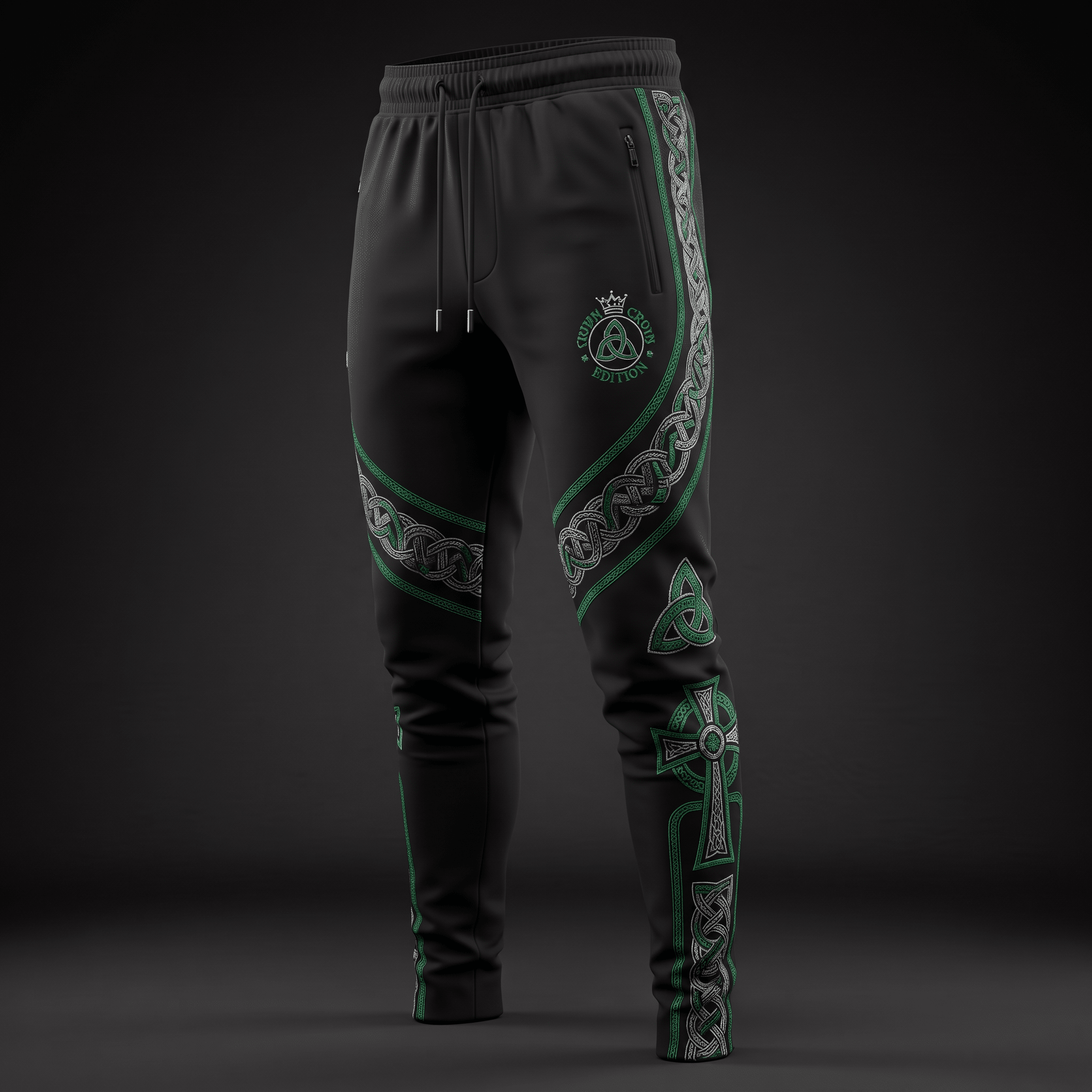 Black athletic sweatpants with green and white Celtic knotwork, cross patterns, and drawstring waist.