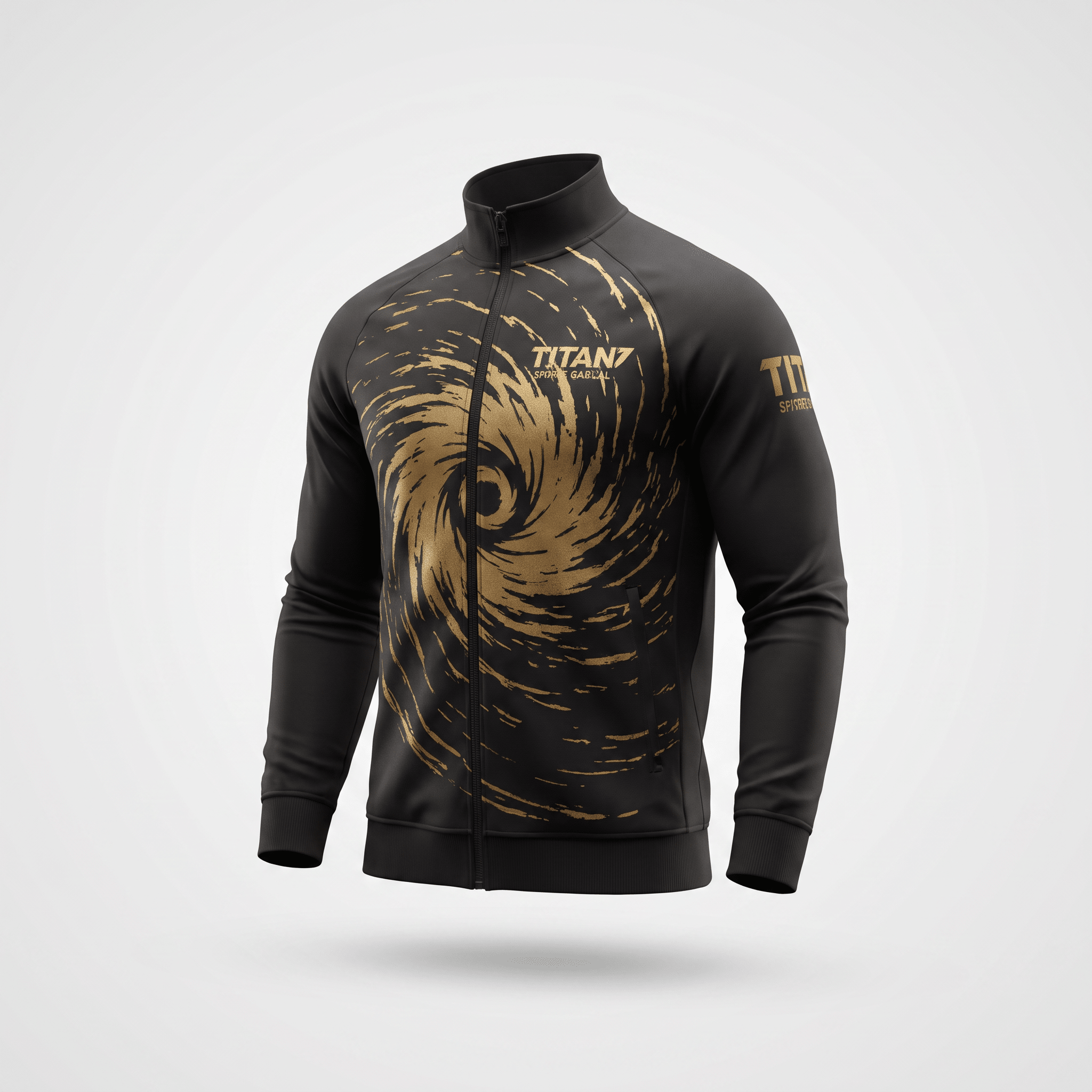 Black zip-up track jacket with a gold vortex graphic and Titan7 branding on a light background.