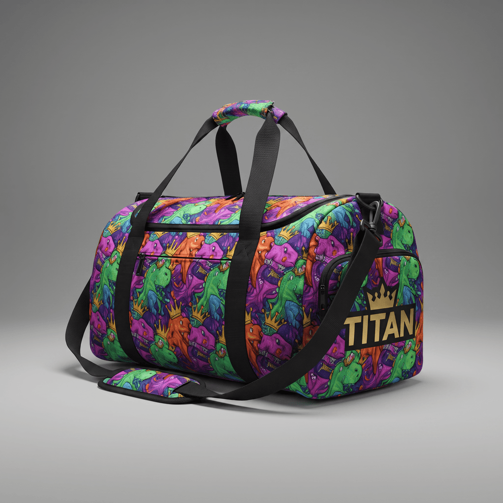 Colorful duffel bag featuring a vibrant dinosaur and crown pattern with black straps and the Titan logo.