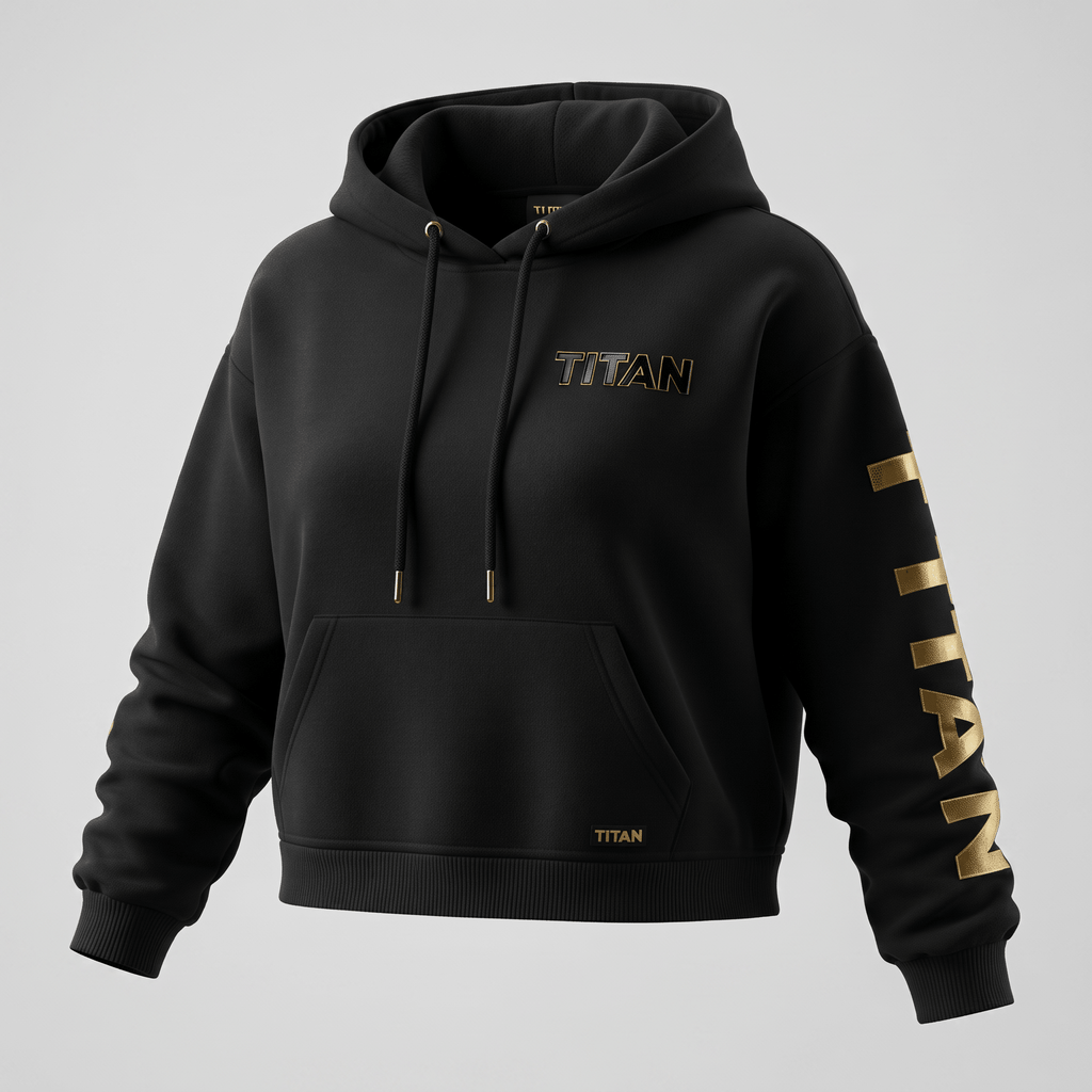 Black hoodie with gold Titan branding on the chest, sleeve, and pocket, featuring a drawstring hood.