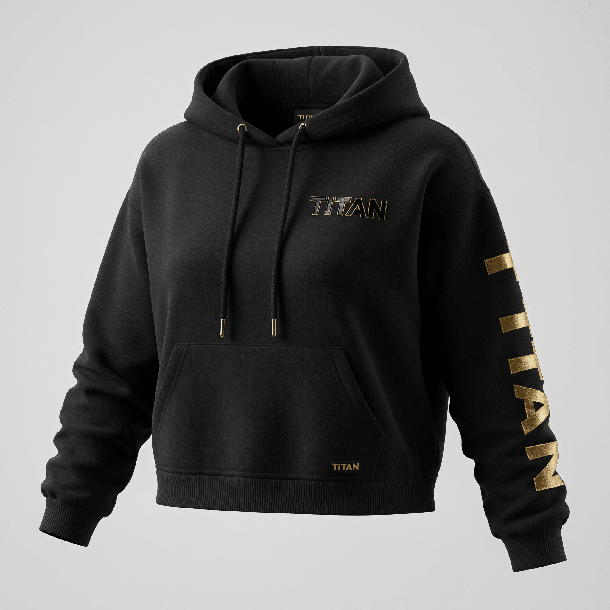 Black hoodie with gold Titan branding on the chest, sleeve, and pocket, featuring a drawstring hood.