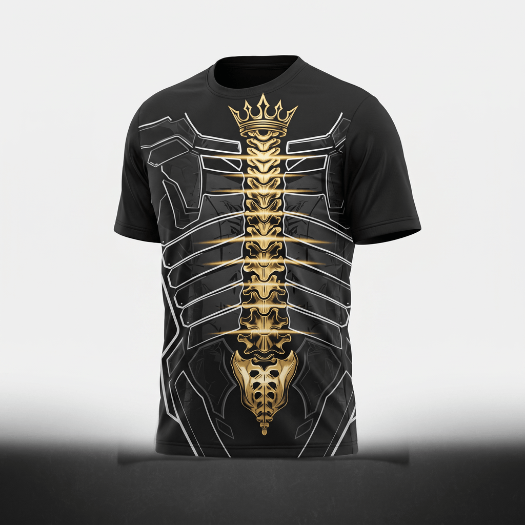 Black t-shirt featuring a graphic print of a gold spine, ribcage, and crown on the front.
