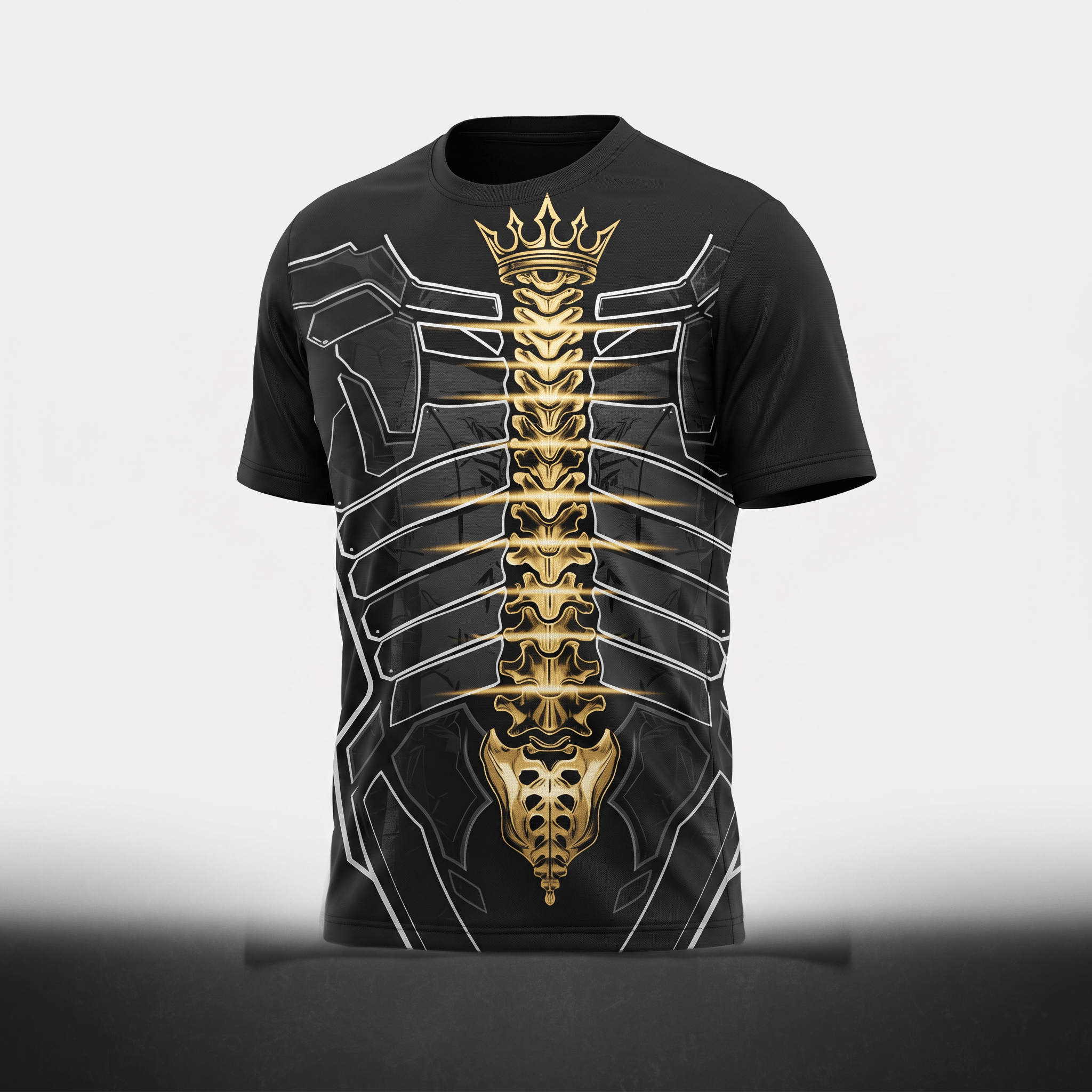 Black t-shirt featuring a stylized gold spine and ribcage graphic topped with a crown on the front.