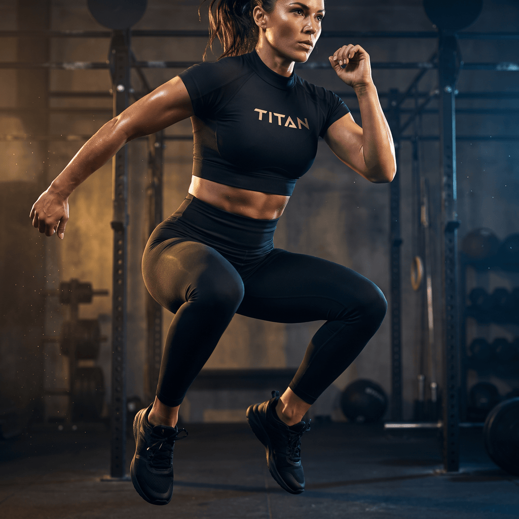 Female athlete jumping in a gym wearing a black TITAN crop top and leggings.