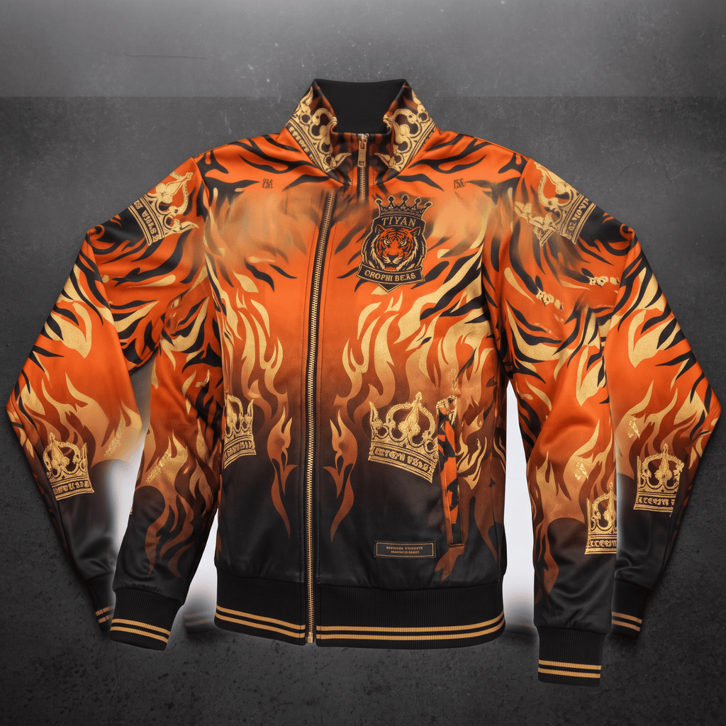 Orange and black zip-up jacket with tiger stripes, gold flame accents, and crown crest logos.