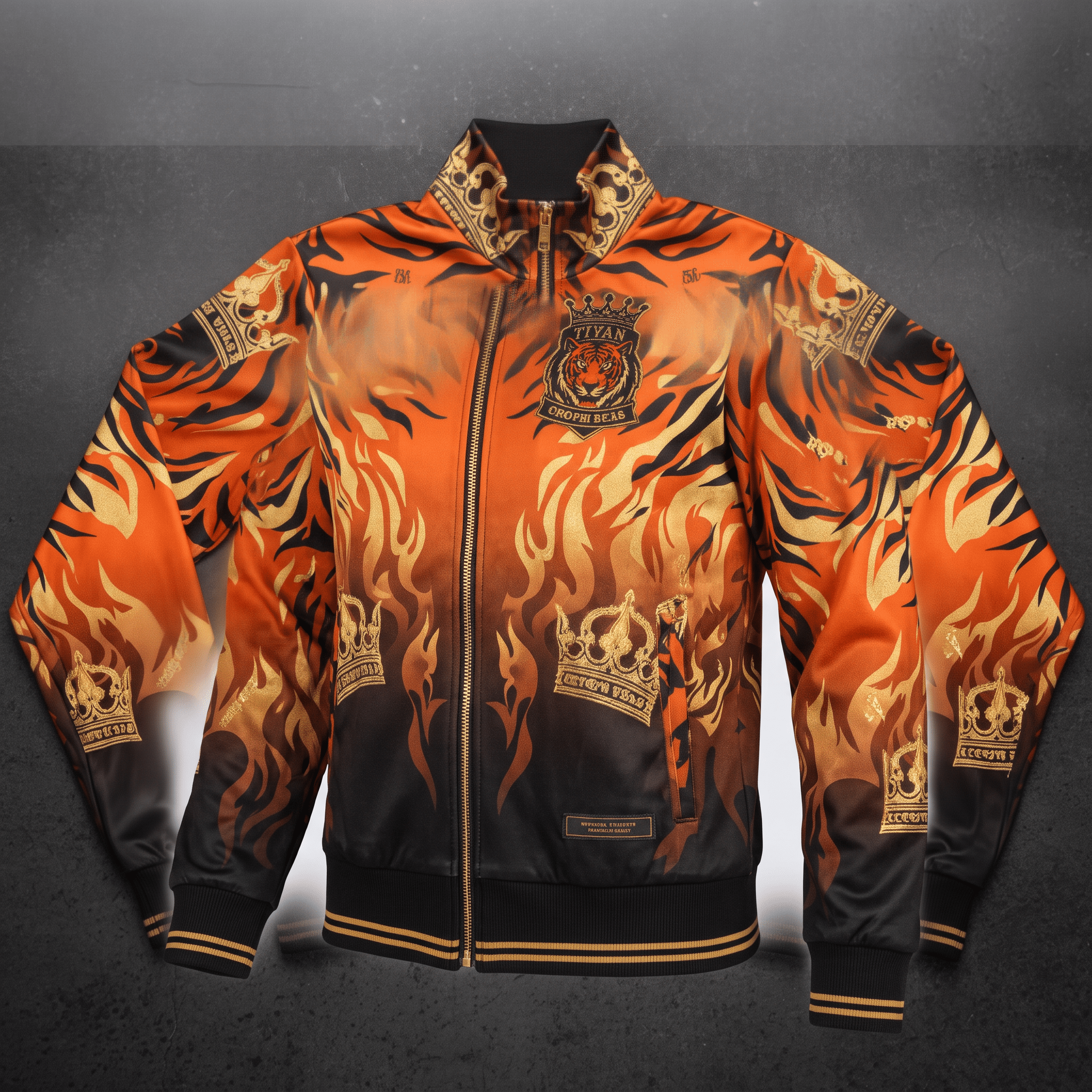 Orange and black zip-up jacket with tiger stripes, gold flame accents, and crown crest logos.