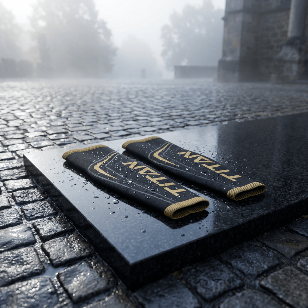 Black and gold Titan athletic compression sleeves on a wet stone surface in a misty outdoor setting.