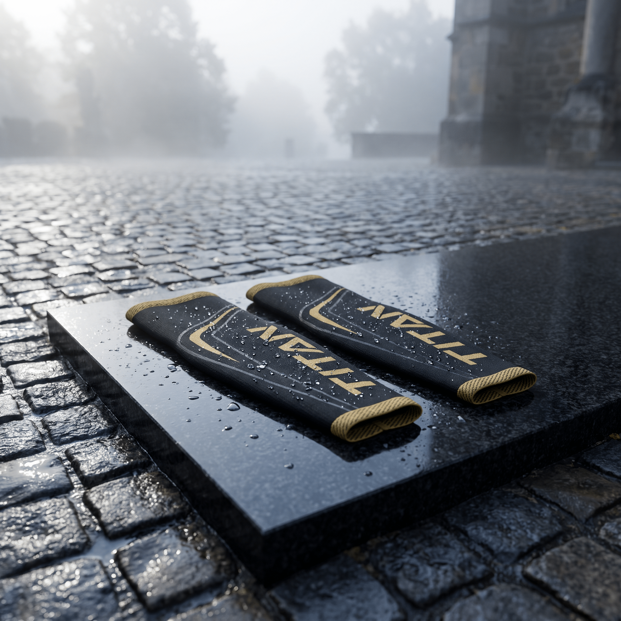 Black and gold Titan athletic compression sleeves on a wet stone surface in a misty outdoor setting.