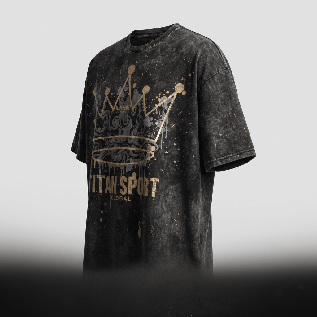 Black acid wash t-shirt with gold crown graphic and Titan Sport Global text on a light gray background.