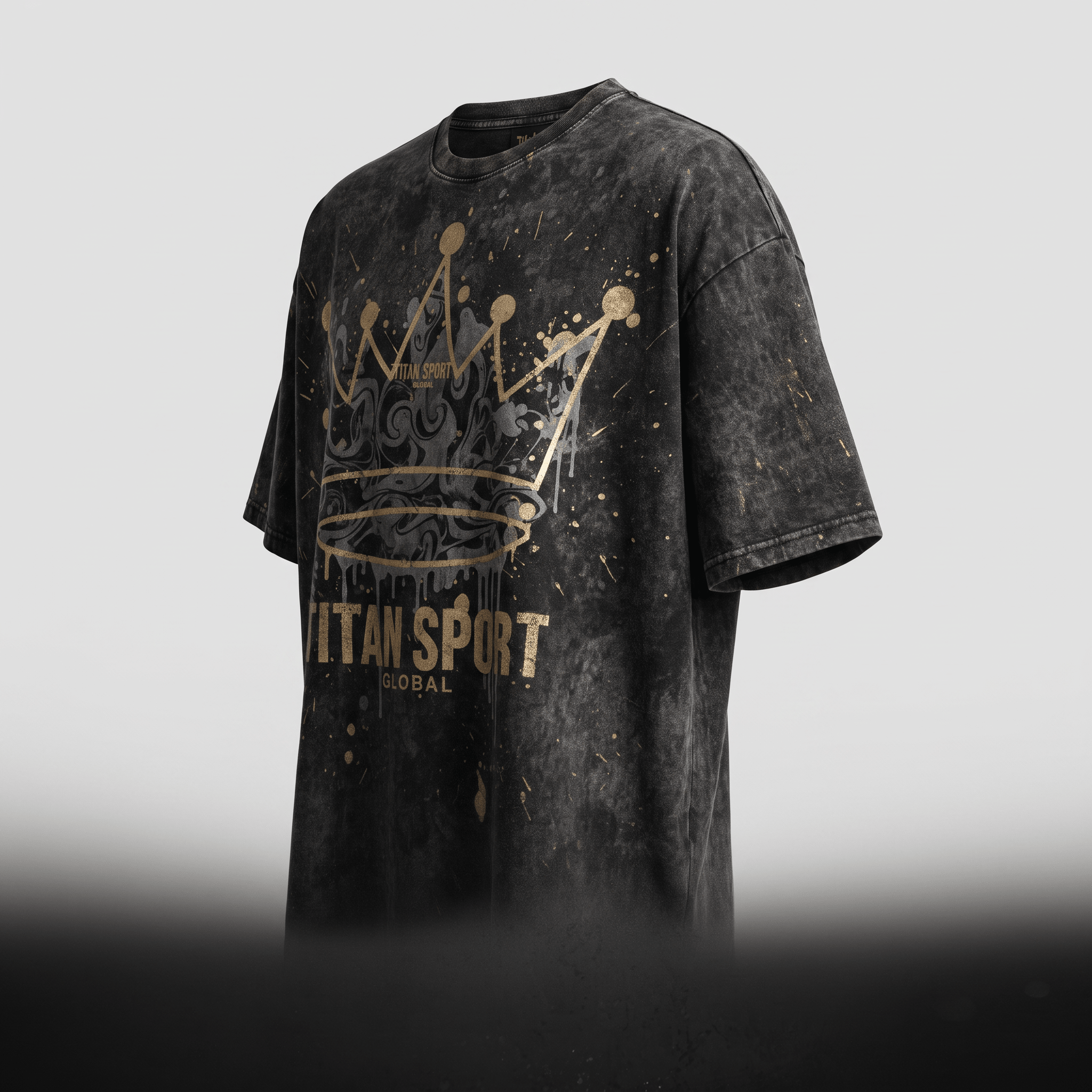 Black acid wash t-shirt with gold crown graphic and Titan Sport Global text on a light gray background.
