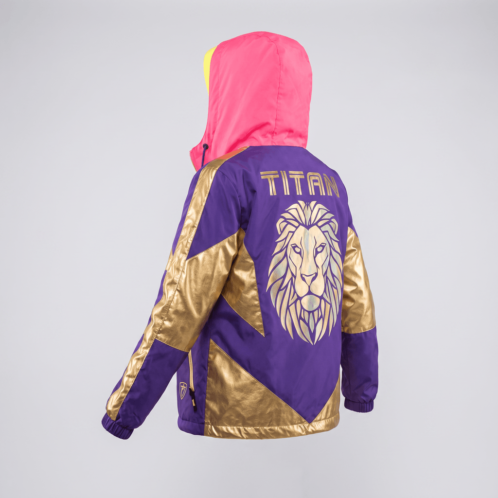 Rear view of purple and gold metallic Titan jacket with a pink hood.