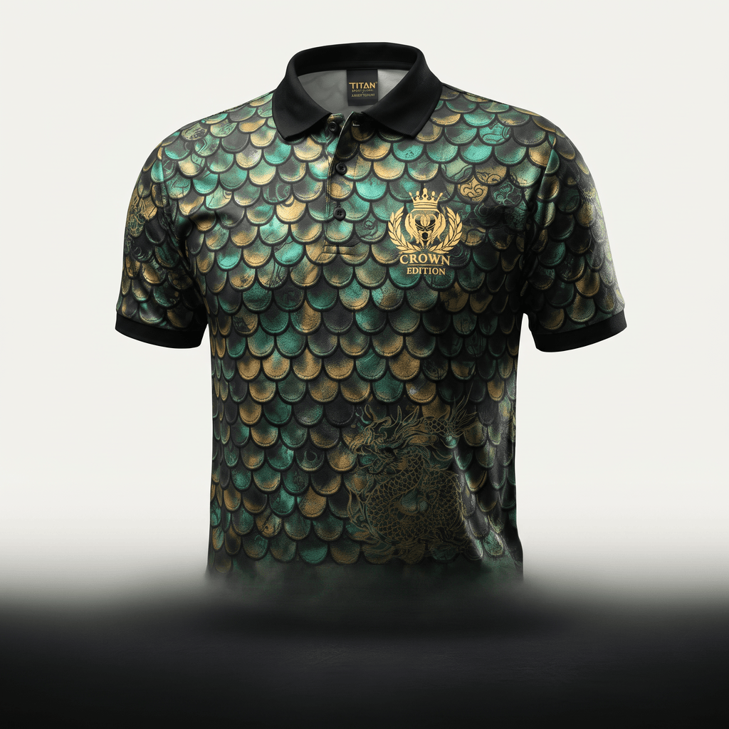 Green and gold dragon scale polo shirt with a black collar and Crown Edition logo.