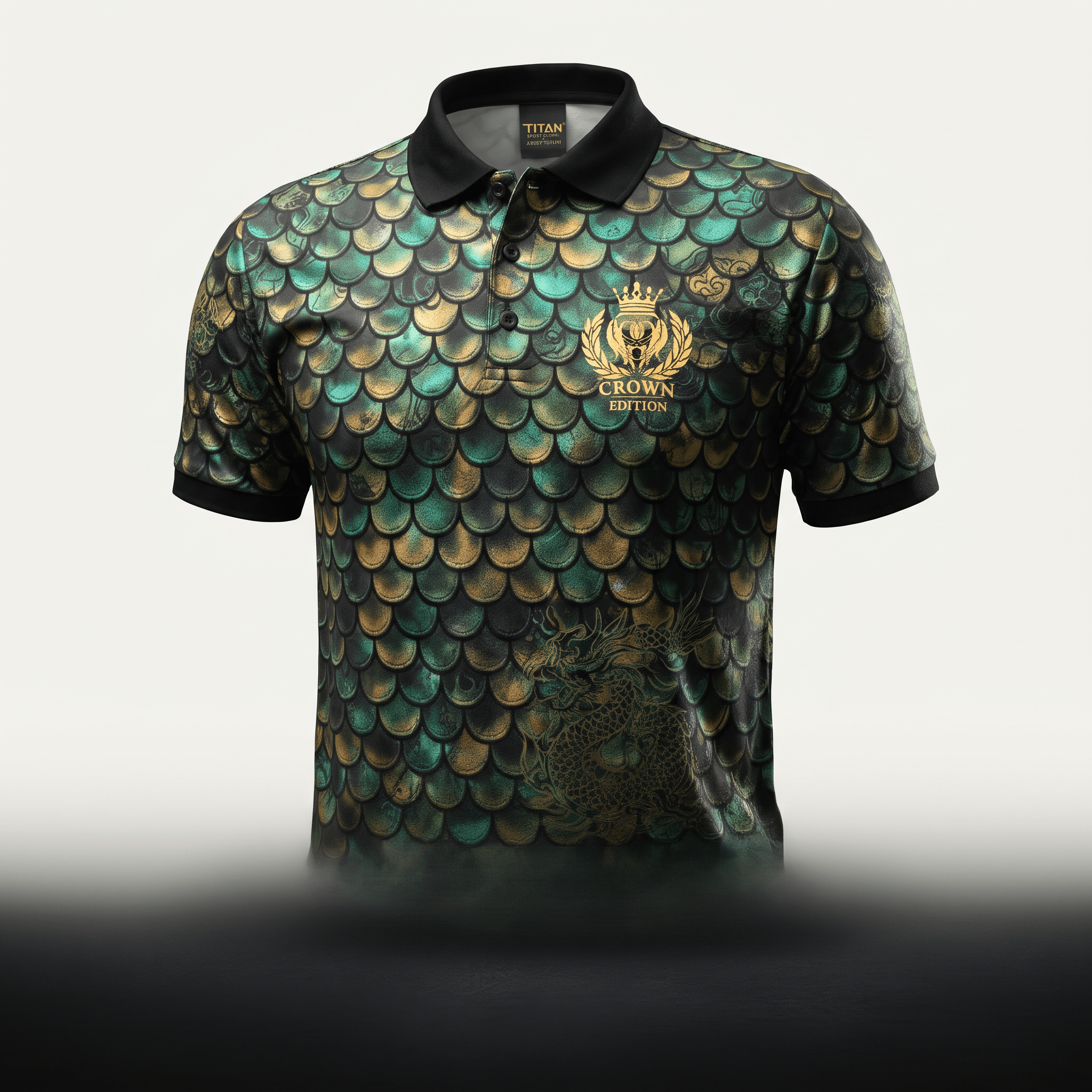 Green and gold dragon scale polo shirt with a black collar and Crown Edition logo.