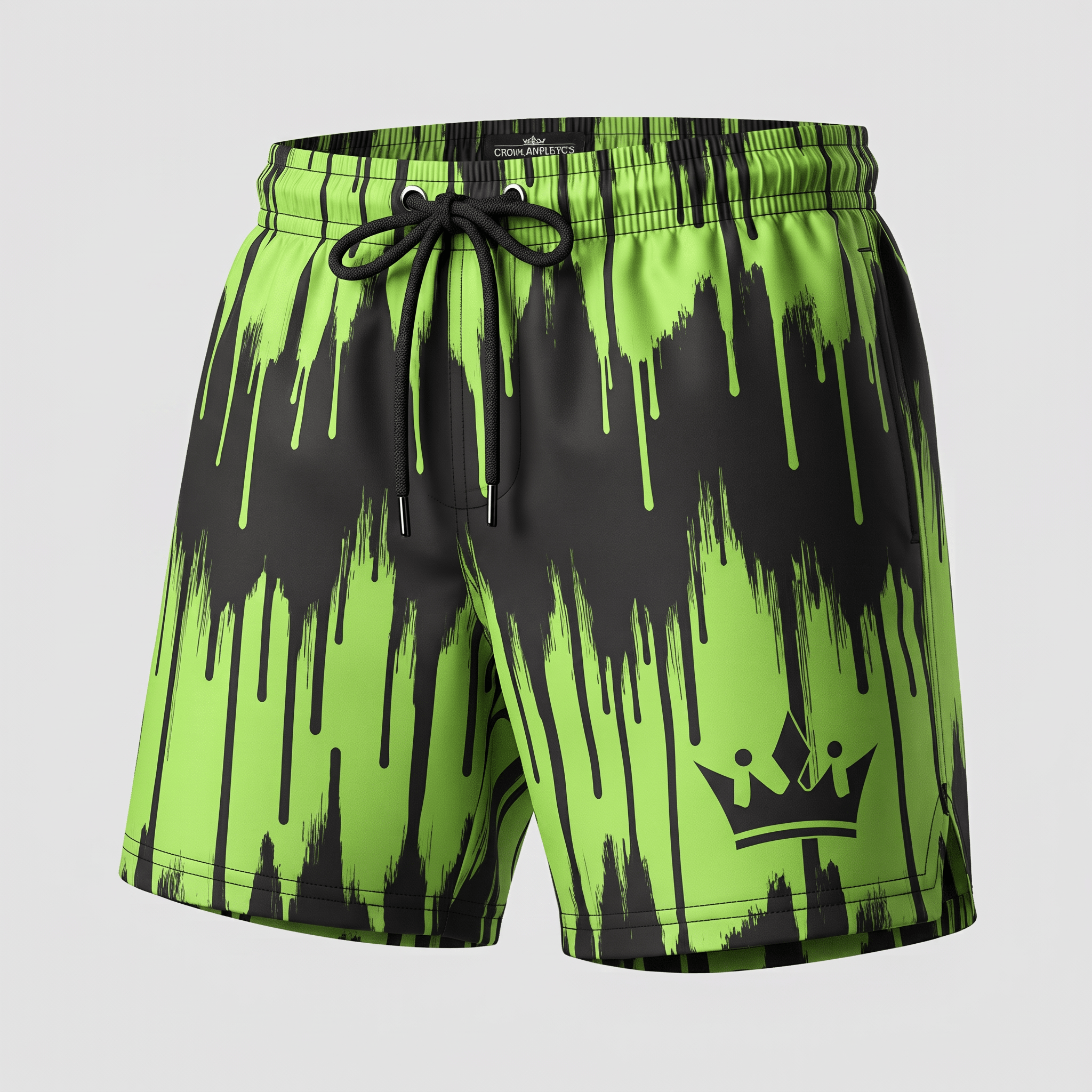 Green and black drip pattern swim shorts with an elastic drawstring waist and crown logo.