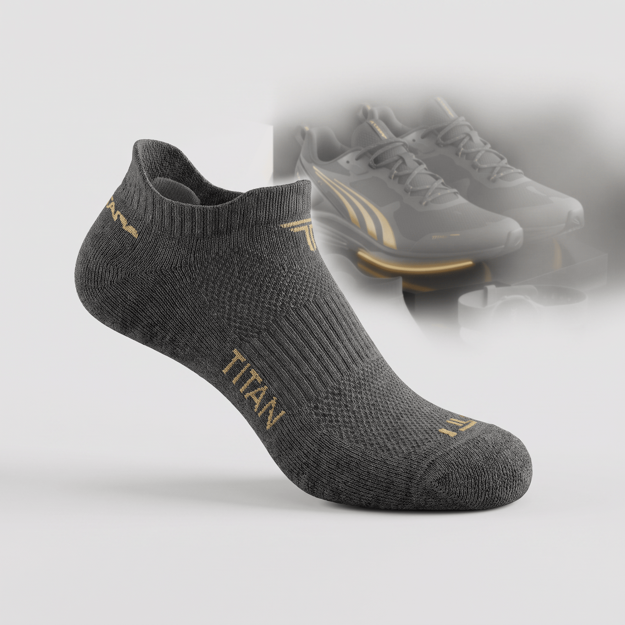 Dark gray athletic no-show sock with gold Titan branding, displayed with matching running shoes.