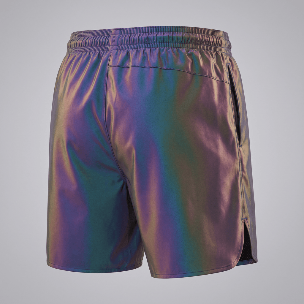 Rear view of iridescent reflective athletic shorts with an elastic waistband and side pockets.