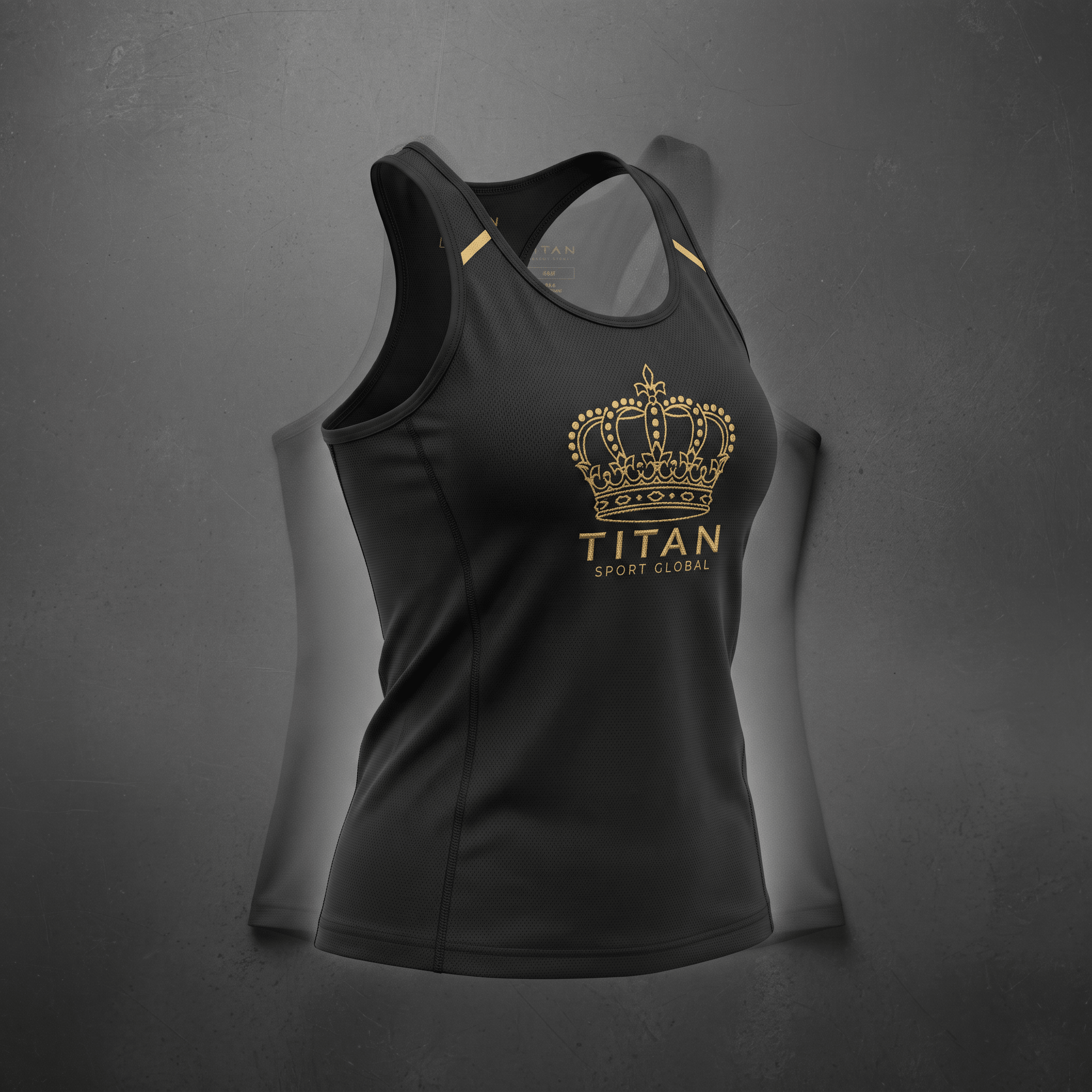 Black athletic women's tank top with gold crown logo and Titan Sport Global text on a dark background.