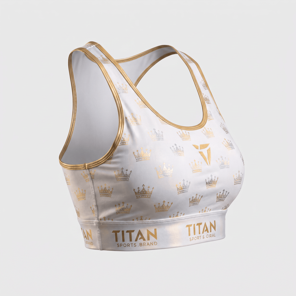 White sports bra with gold crown pattern and Titan Sport Brand logo on the elastic band.