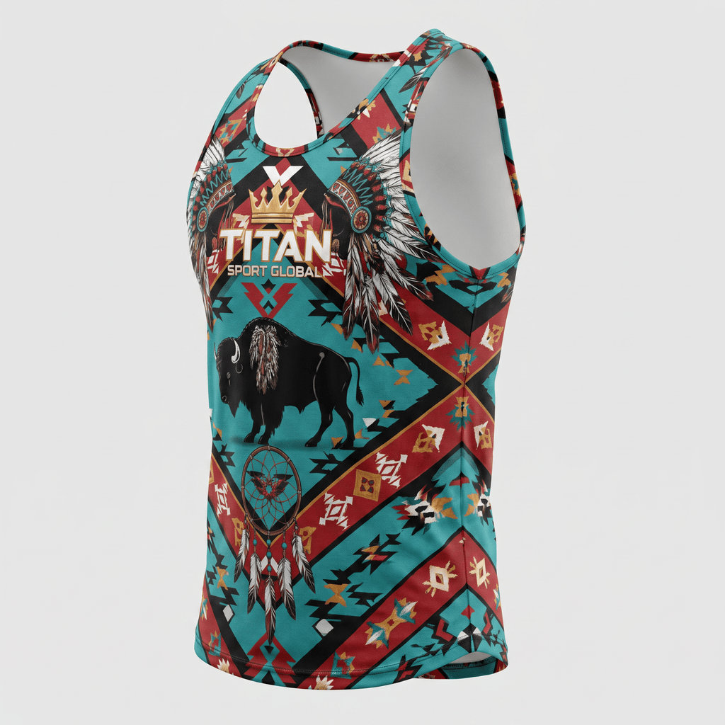 Turquoise and red athletic tank top with Indigenous-inspired graphic pattern, buffalo, and Titan Sport Global logo.