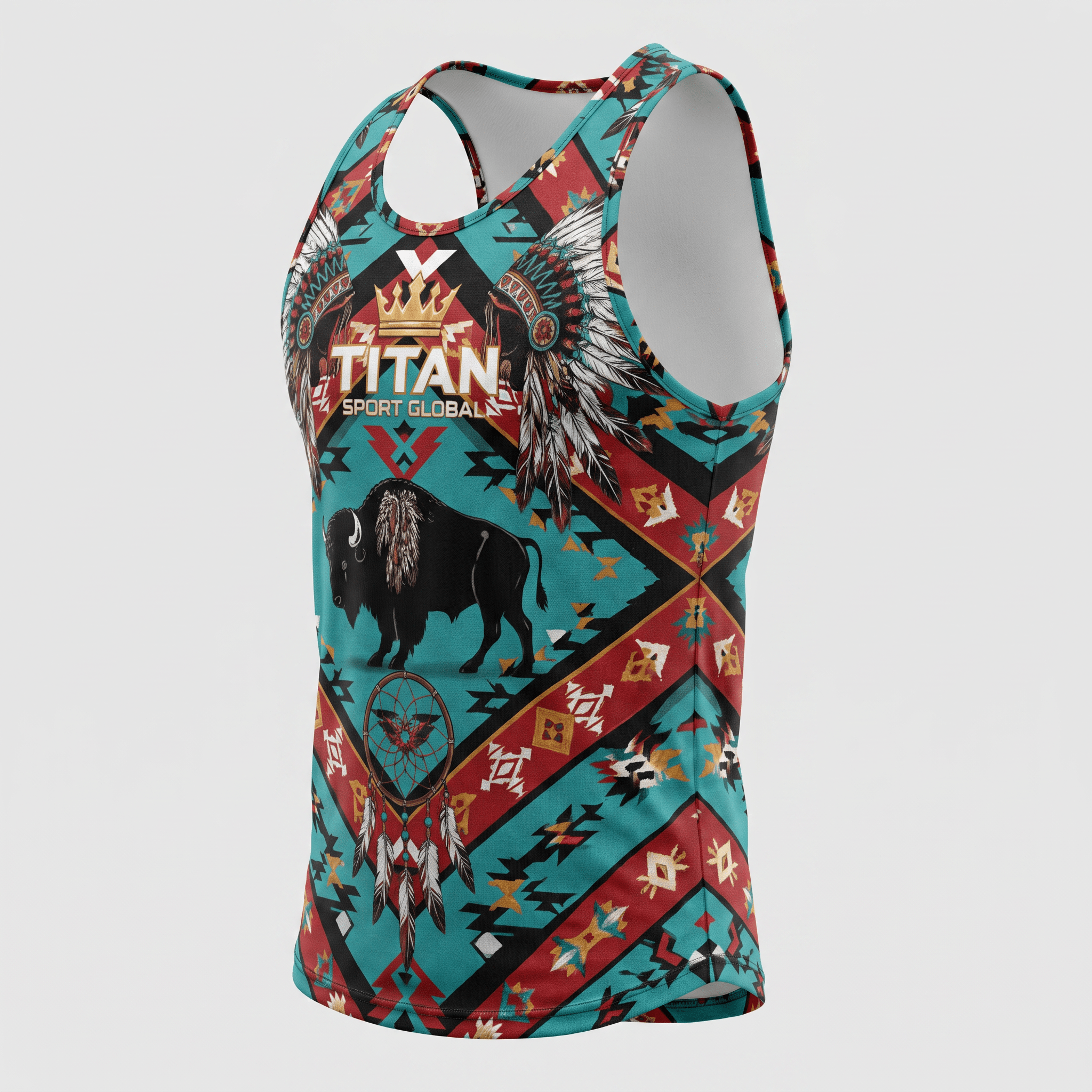 Turquoise and red athletic tank top with Indigenous-inspired graphic pattern, buffalo, and Titan Sport Global logo.