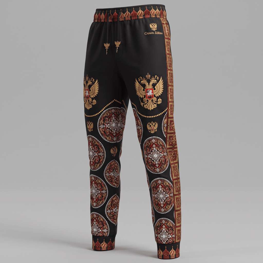 Black joggers with gold and red imperial Russian double-headed eagle crests and ornate circular patterns.