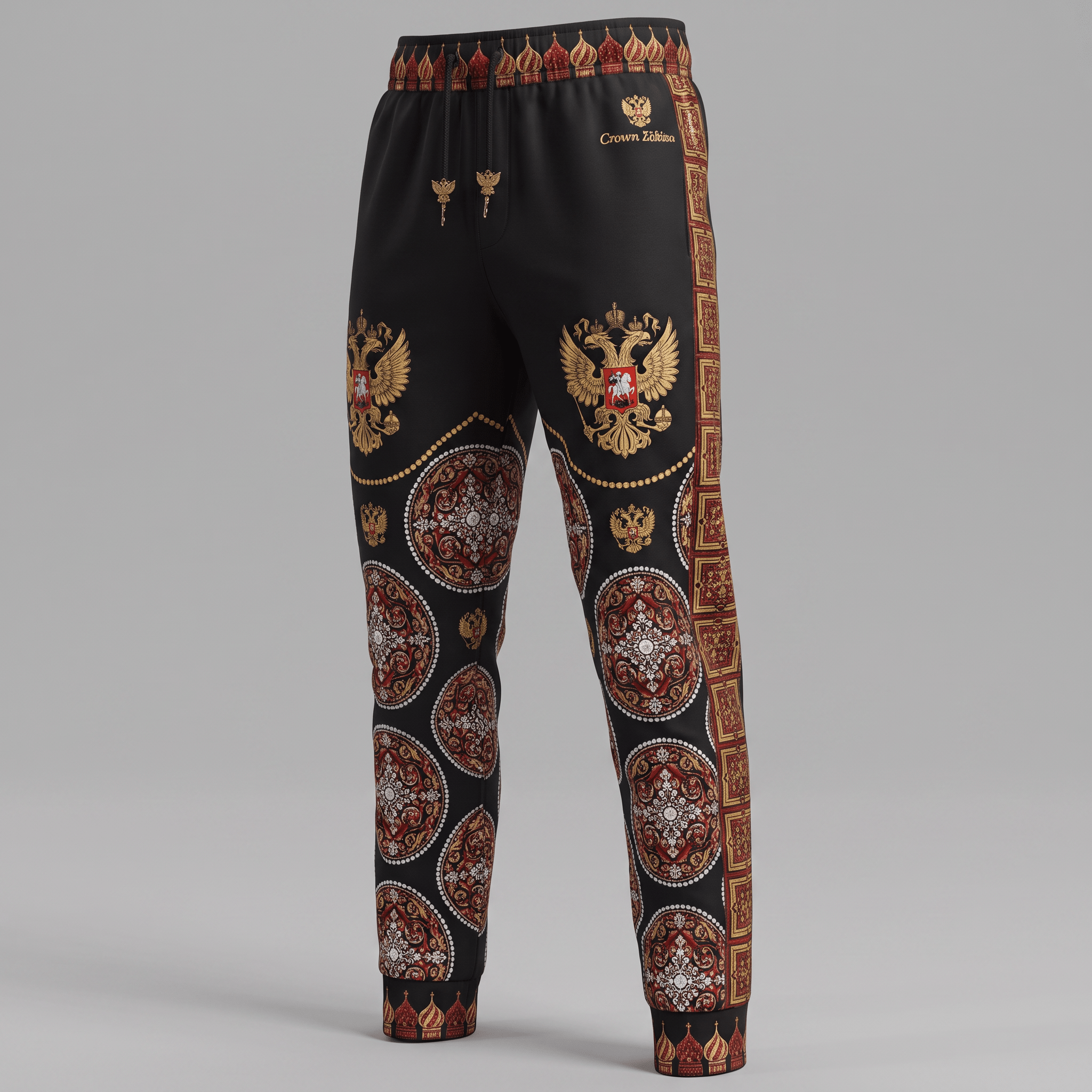 Black joggers with gold and red imperial Russian double-headed eagle crests and ornate circular patterns.