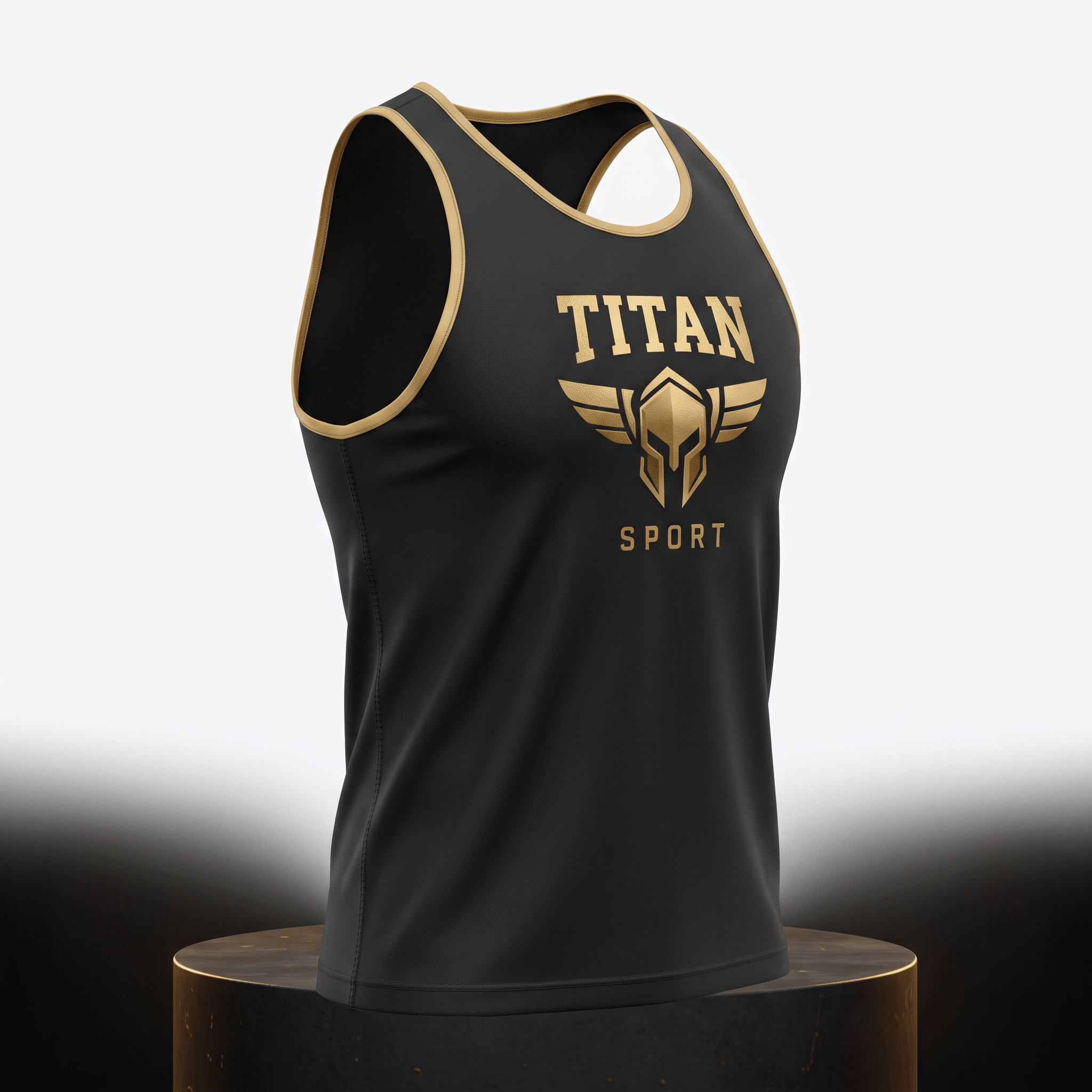 Black athletic tank top with gold trim, Titan Sport logo, and a winged helmet graphic on a dark stand.