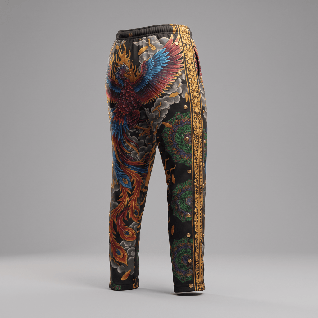 Black sweatpants with a colorful phoenix tattoo print and ornate side stripes on a grey background.