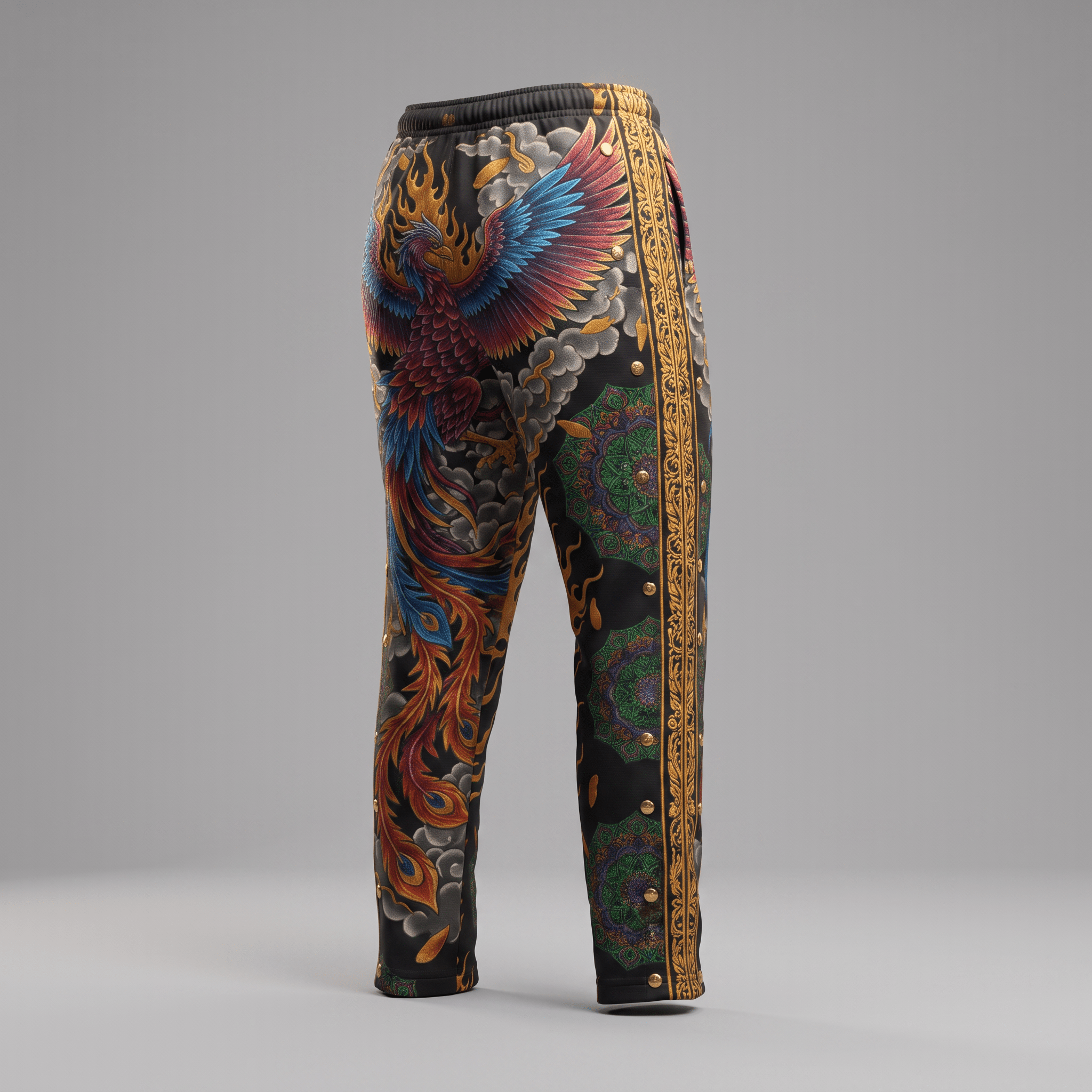 Black sweatpants with a colorful phoenix tattoo print and ornate side stripes on a grey background.