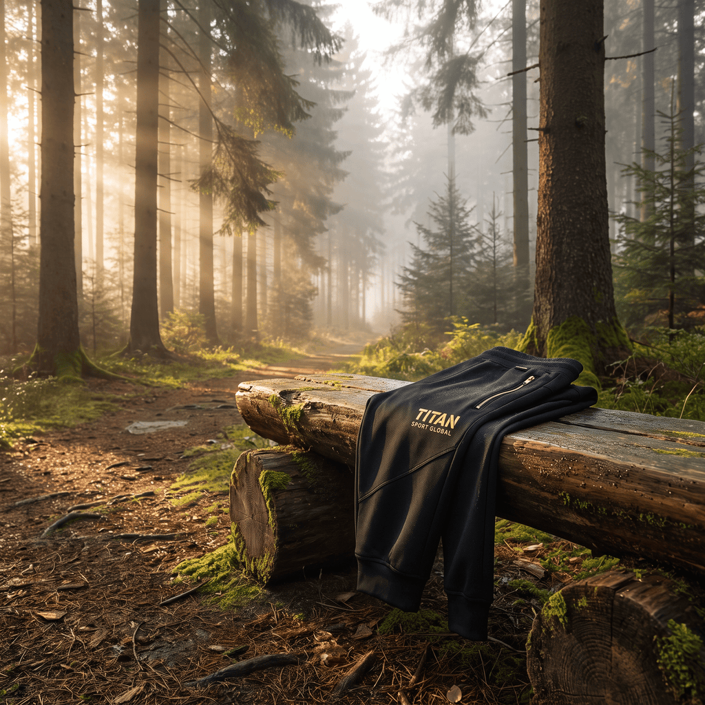 Black Titan Sport Global joggers with gold logo and zipper detail resting on a mossy log in a misty forest.