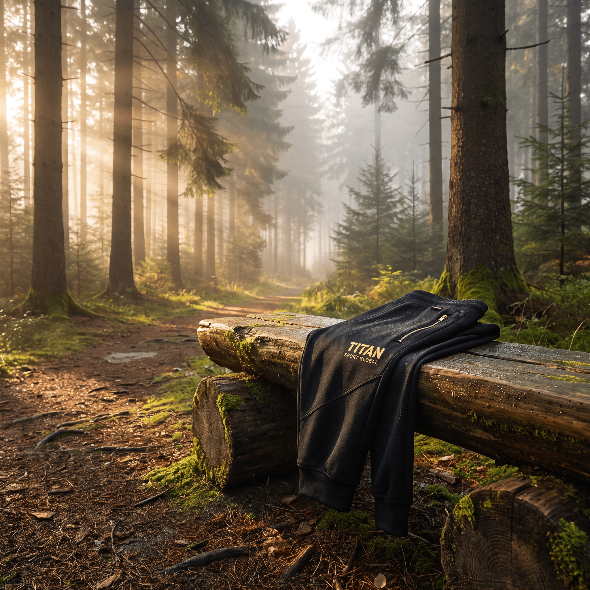 Black Titan Sport Global joggers with gold logo and zipper detail resting on a mossy log in a misty forest.