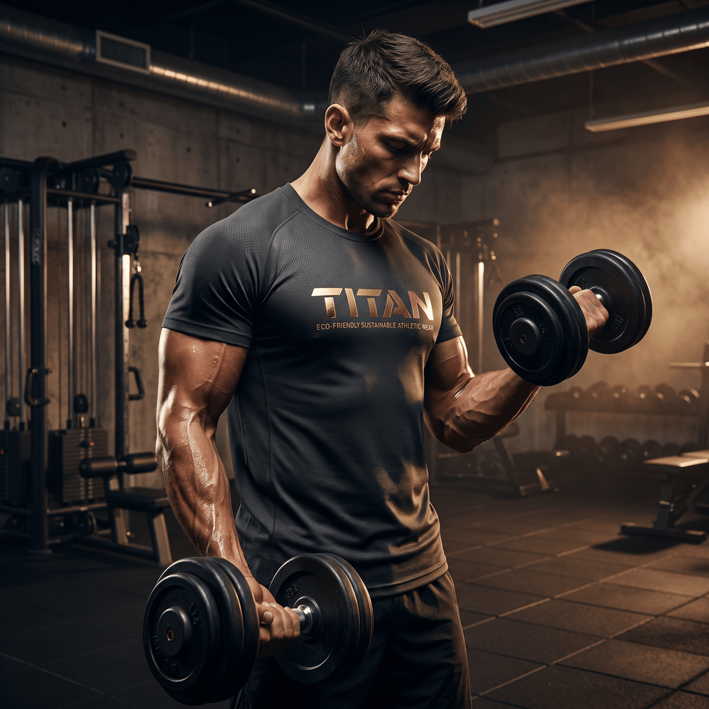 Male athlete lifting dumbbells in a gym, wearing a charcoal grey TITAN eco sports jersey.