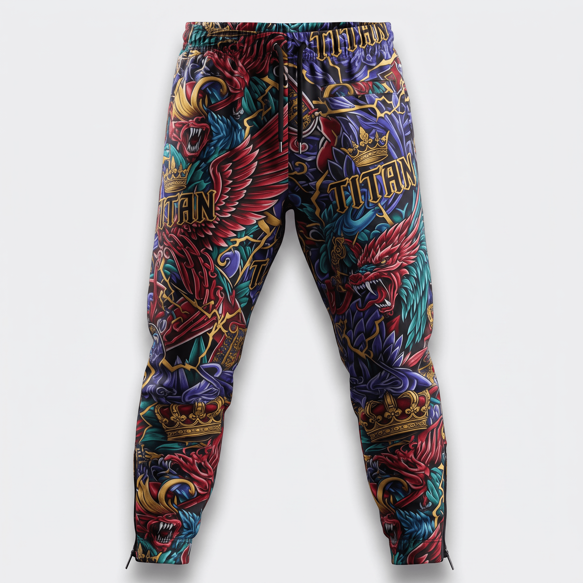 Titan graphic print joggers featuring colorful dragon and crown artwork on dark fabric.