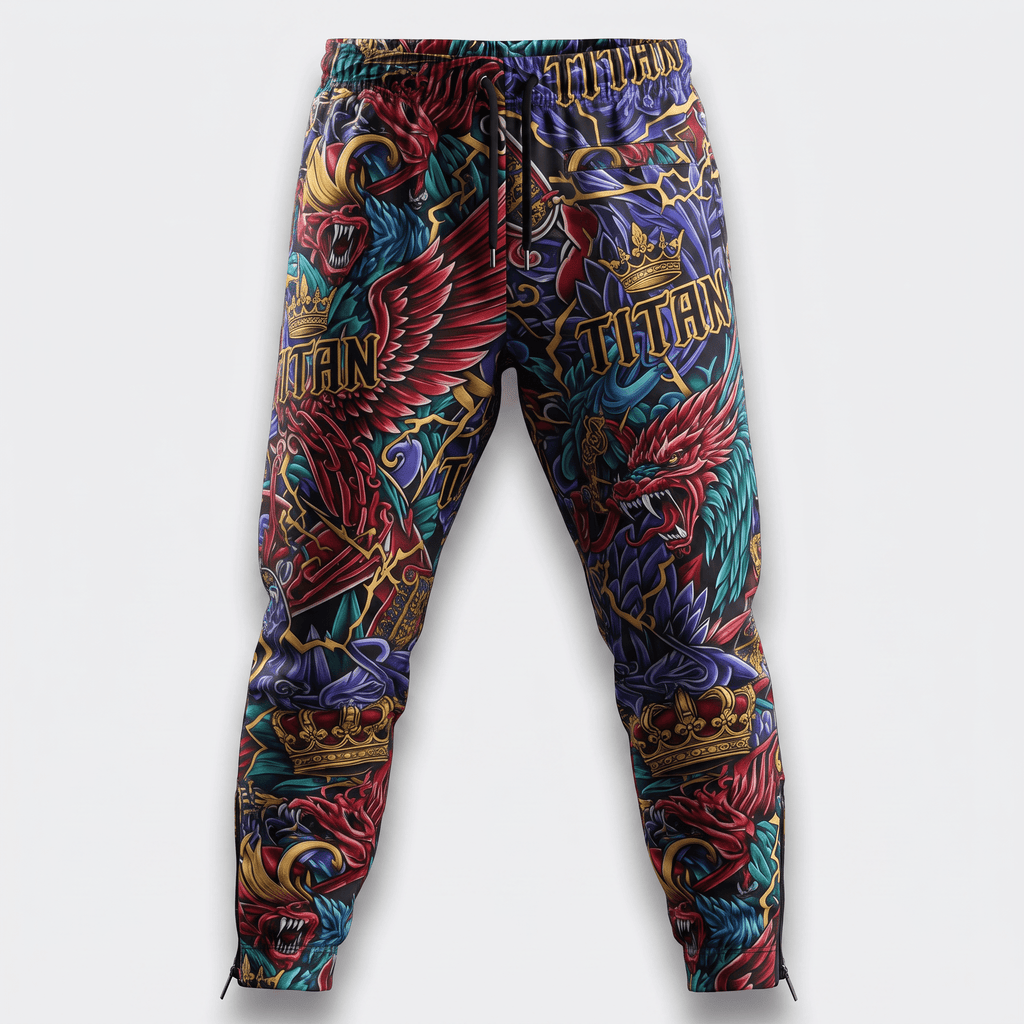 Black sweatpants with a colorful dragon print, crowns, and the text Titan, featuring an elastic drawstring waist.