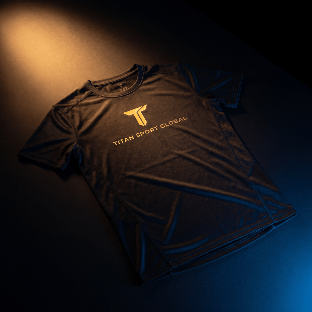 Black athletic t-shirt featuring a gold "Titan Sport Global" logo, laid flat with dramatic lighting.