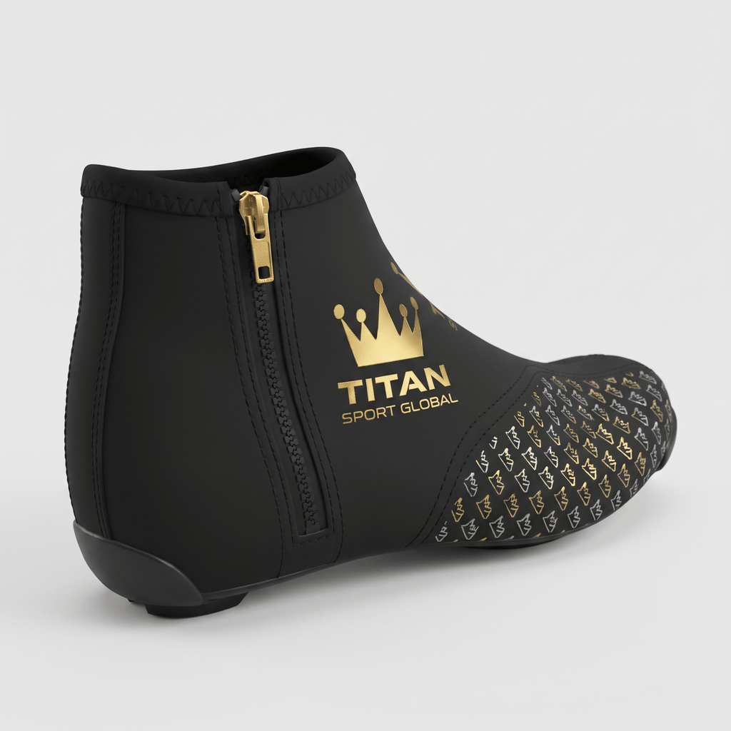 Black cycling shoe cover with gold Titan Sport Global logo, side zipper, and crown pattern on the toe.
