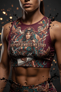 Burgundy sports bra featuring a warrior queen graphic, doves, and the motivational text "EVERY REP REWRITES MY STORY."