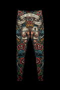 Titan Sport leggings featuring tattoo-style art of a bodybuilder, barbell, roses, and "Every Rep Rewrites My Story" text.
