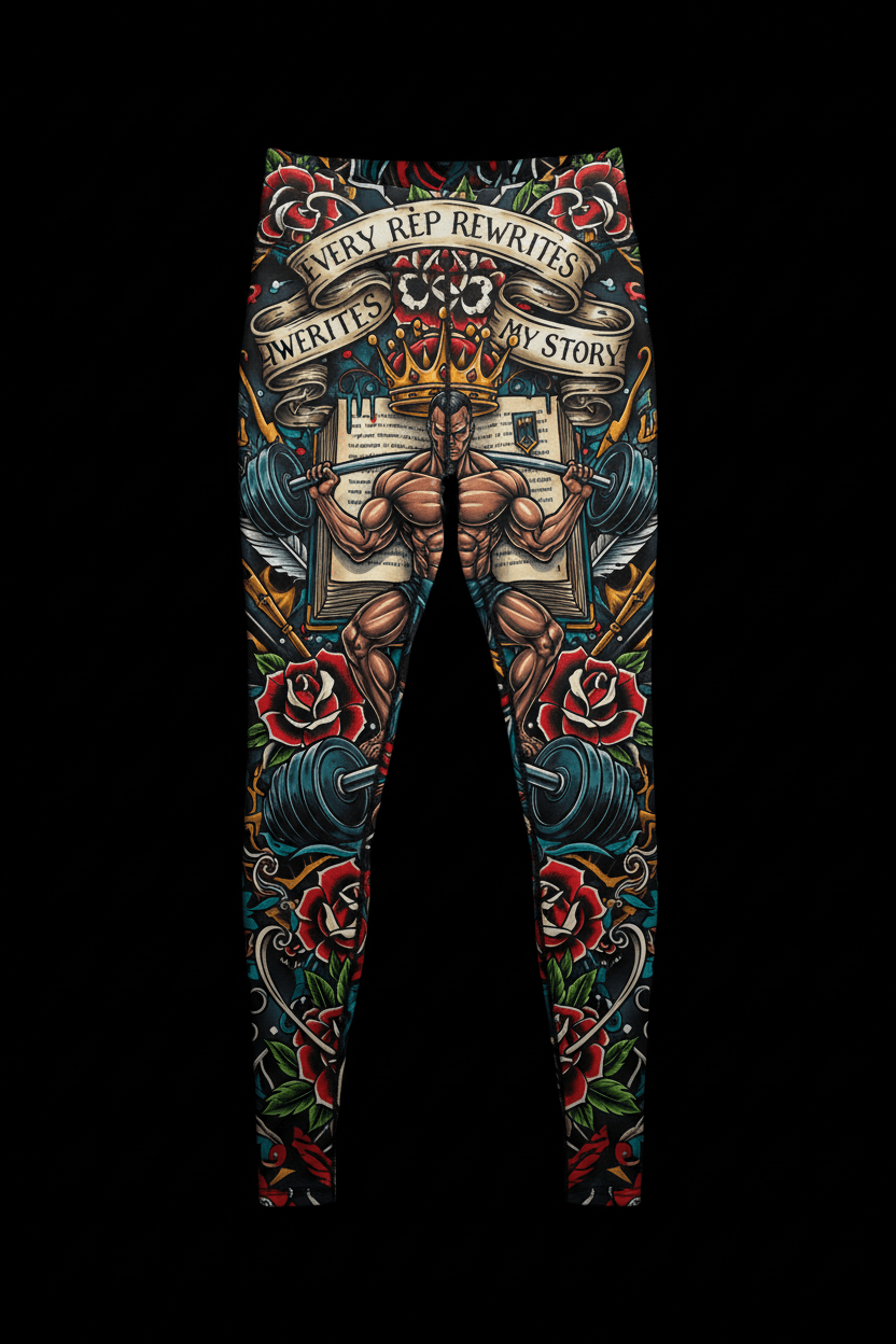 Titan Sport leggings featuring tattoo-style art of a bodybuilder, barbell, roses, and "Every Rep Rewrites My Story" text.