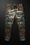 Titan Sport joggers featuring a gladiator lifting, rose accents, and "Every rep rewrites my story" text.