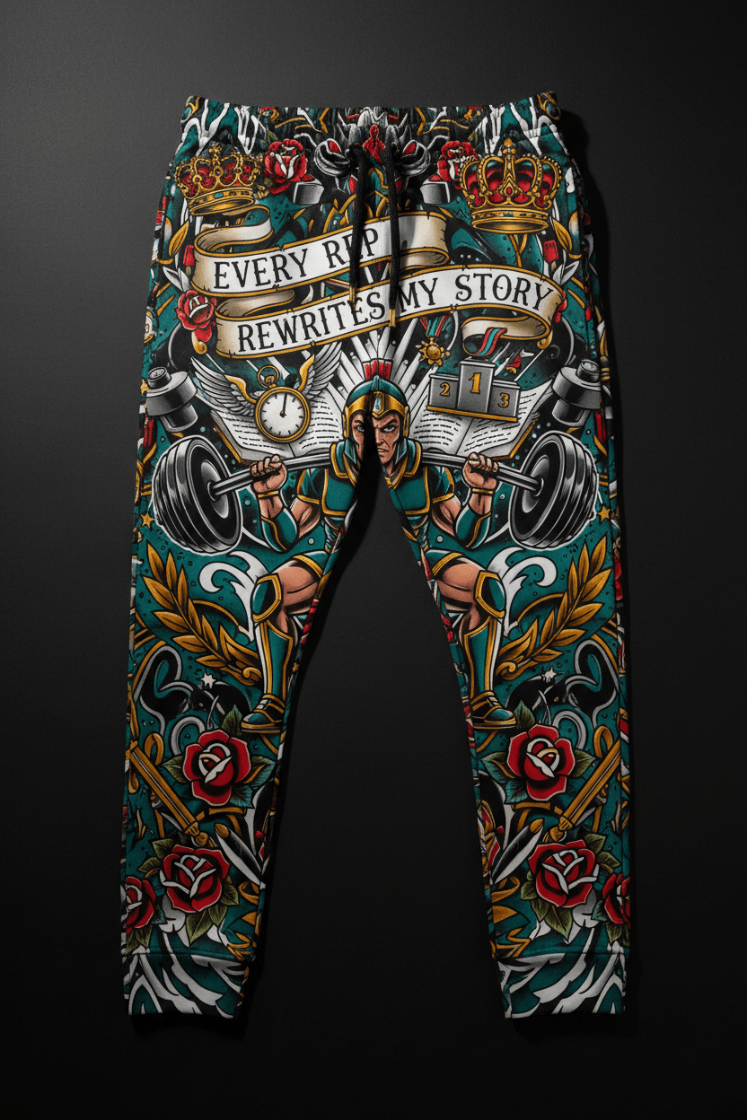 Titan Sport joggers featuring a gladiator lifting, rose accents, and "Every rep rewrites my story" text.