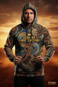 A Titan Sport Global hoodie with Aboriginal-style art, a running figure, and "Every Rep Rewrites My Story" text.