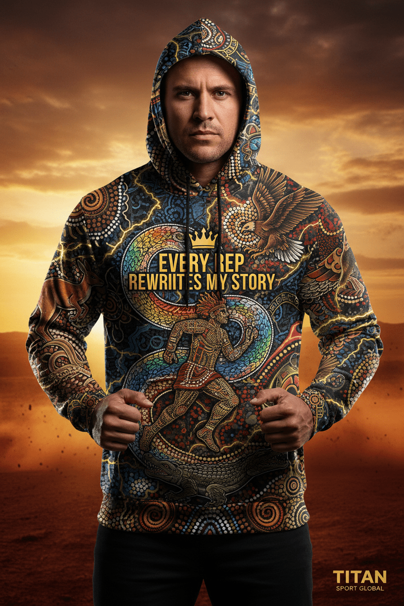 A Titan Sport Global hoodie with Aboriginal-style art, a running figure, and "Every Rep Rewrites My Story" text.