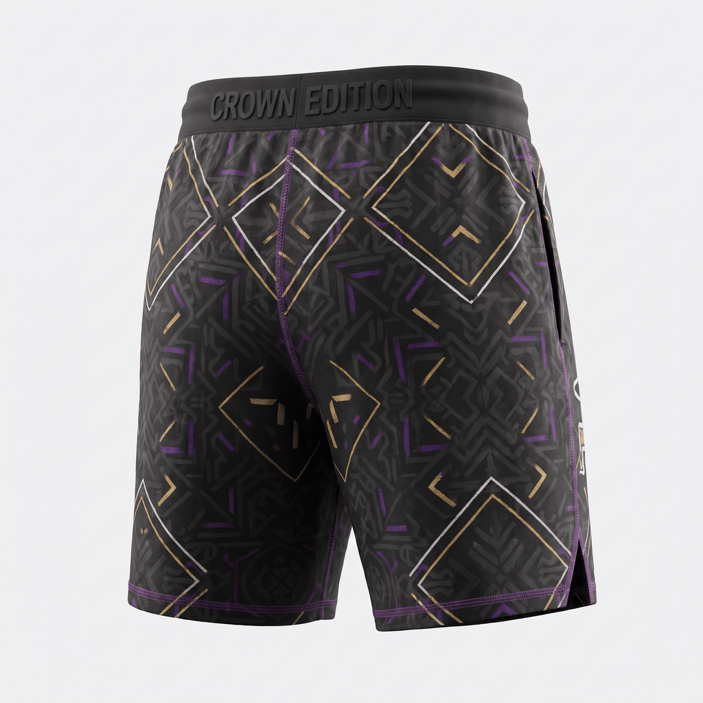 Crown Edition black athletic shorts with gold and purple geometric pattern, back view.