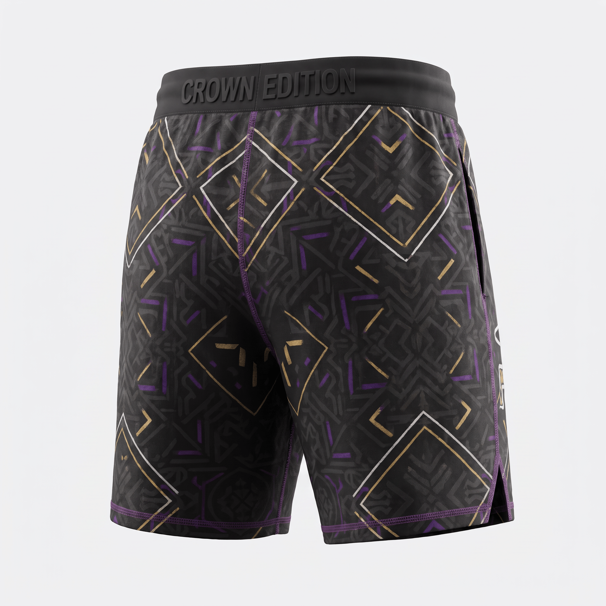 Crown Edition black athletic shorts with gold and purple geometric pattern, back view.