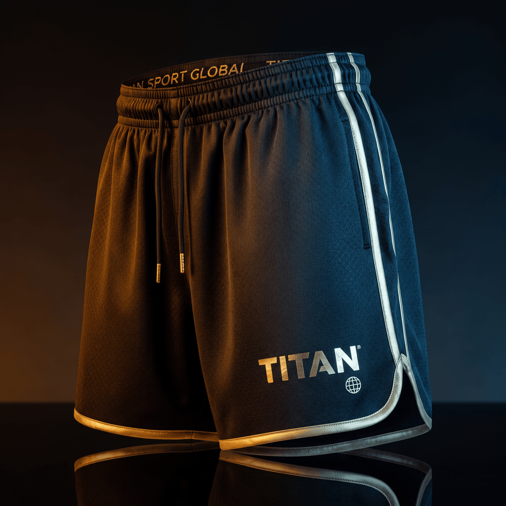 Black athletic shorts with gold trim, side stripes, drawstring waist, and a silver "TITAN" logo on the leg.